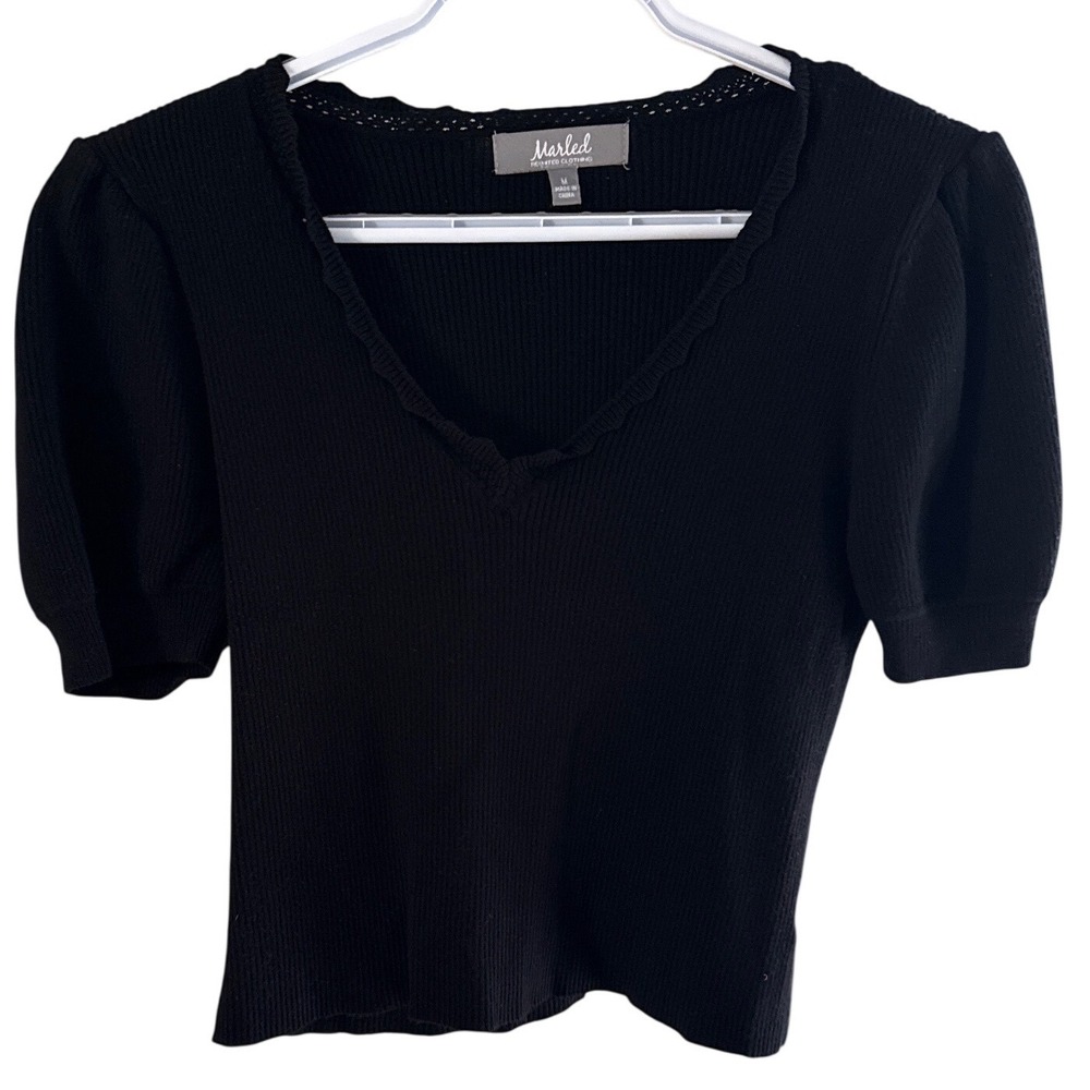Marled Reunited Clothing Black Ribbed V-Neck Puff Sleeve Sweater Top Womens M